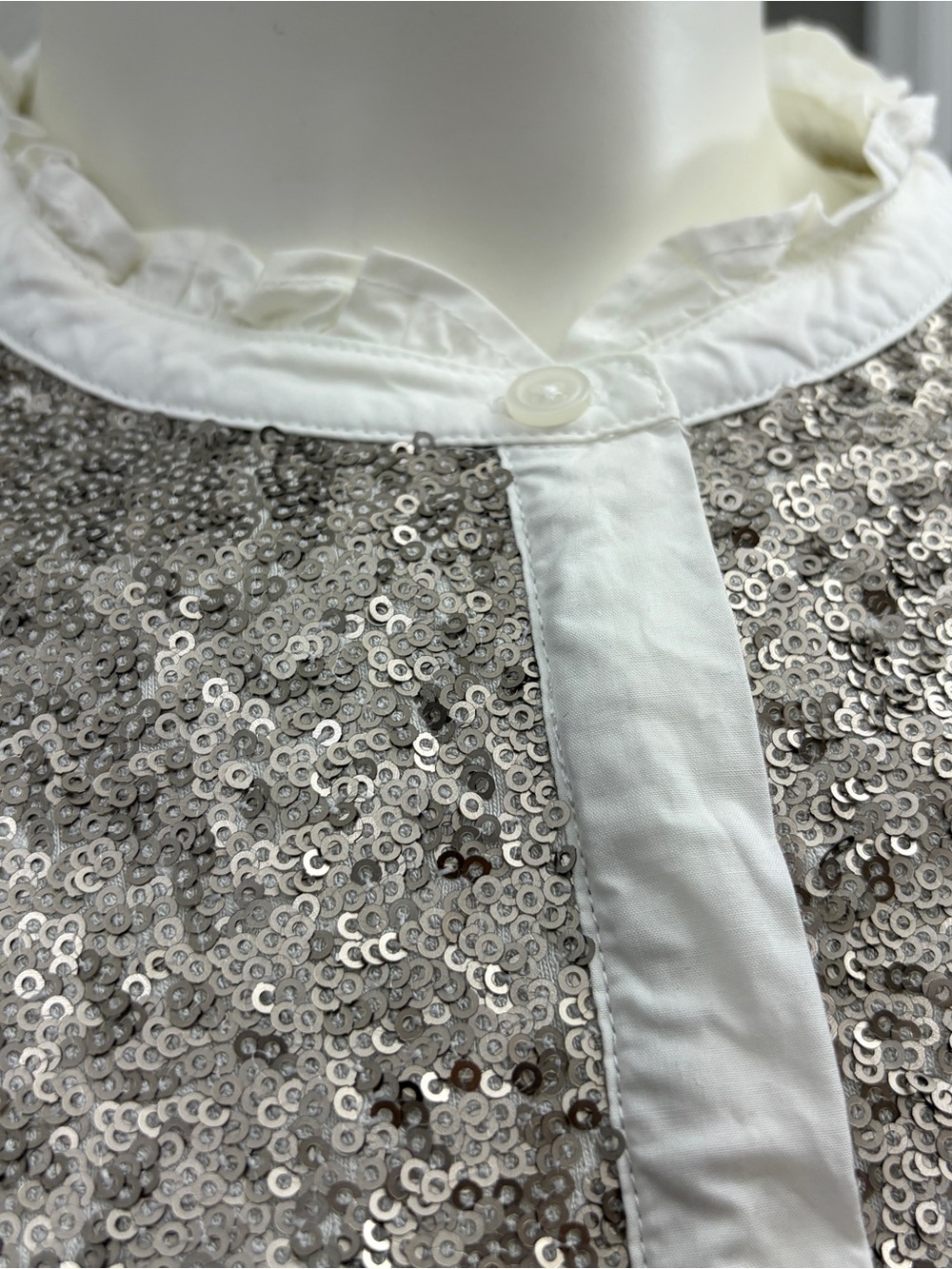 Boden Silver Sequin Ruffle Collar Button Front Top - Size 18